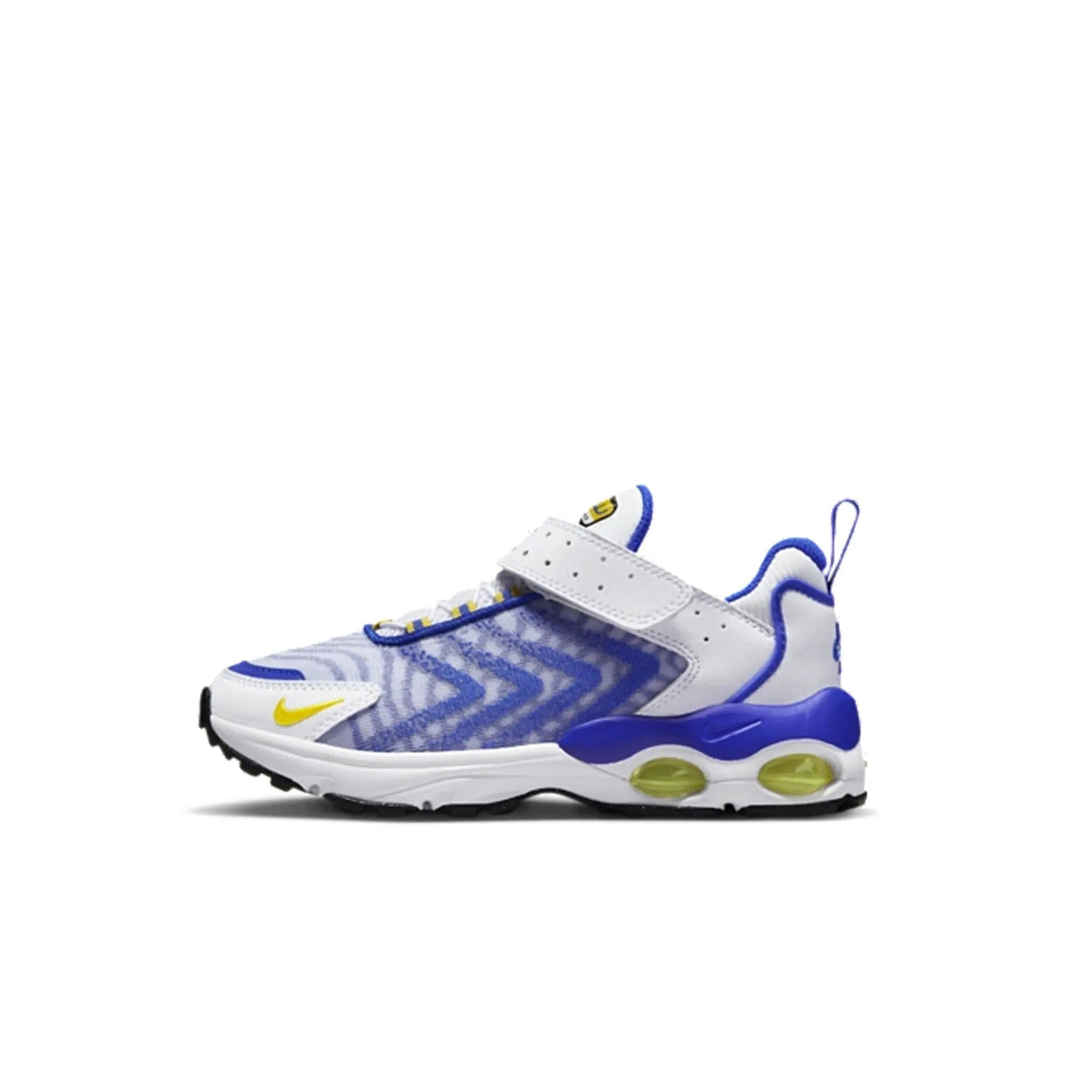 Kids' Nike Air Max TW sneaker with white leather overlays, blue pattern, and yellow accents