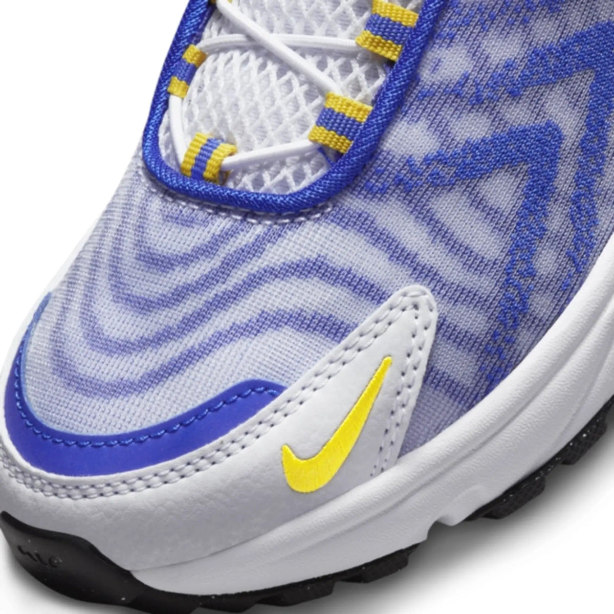 Close-up of kids' Nike Air Max TW: blue patterned knit with yellow swoosh and white sole
