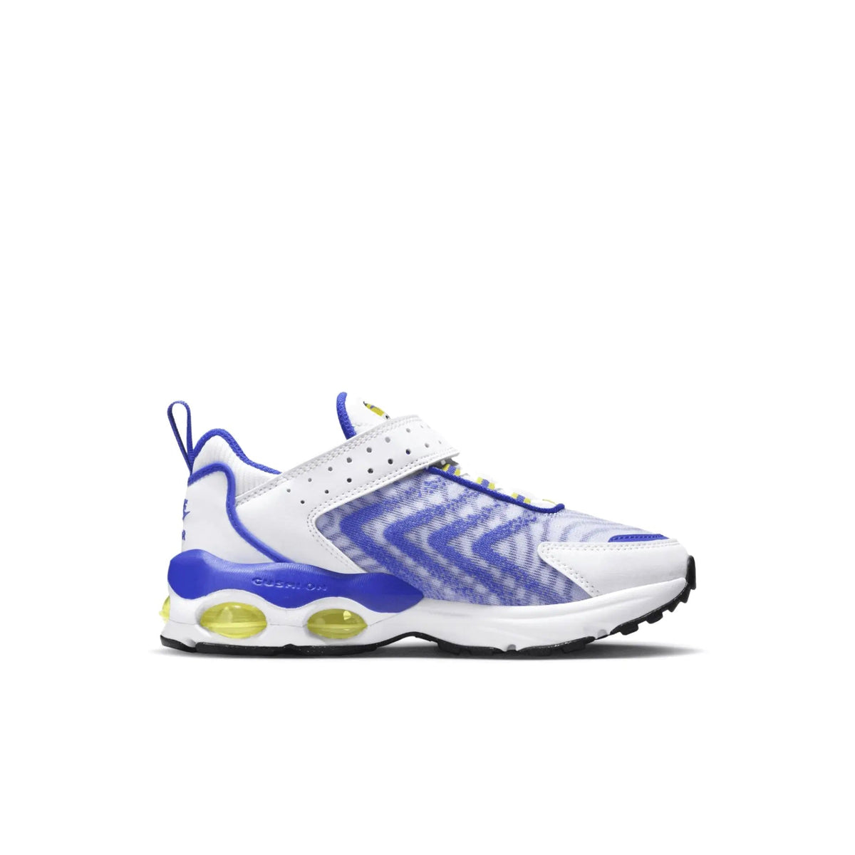 Kids' Nike Air Max TW sneaker with side blue patterned upper, white strap, blue laces
