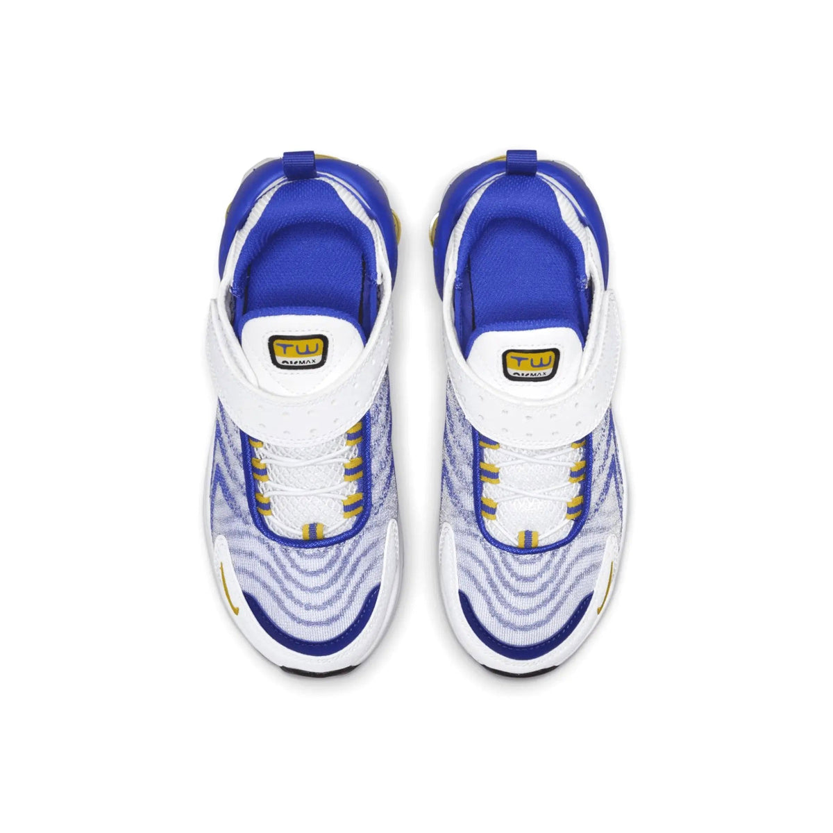 Pair of kids' Nike Air Max TW sneakers in white with blue panels and yellow lace accents