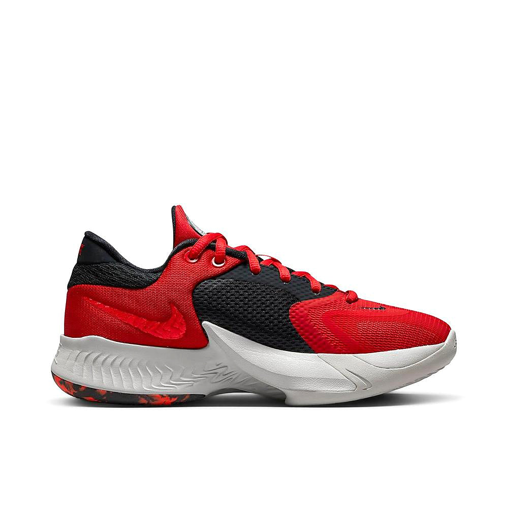 Kids Nike Freak 4 sneakers, side view with red laces, black panels, gray sole