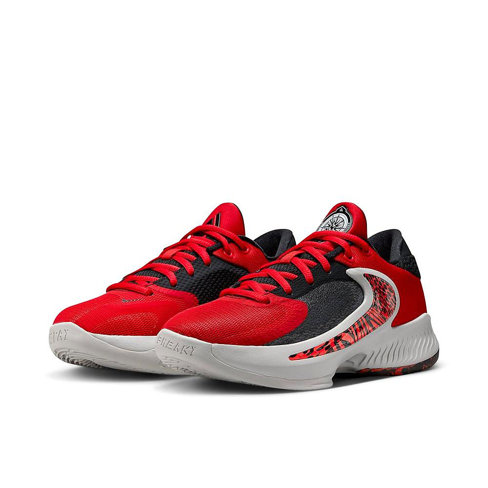 Kids Nike Freak 4 sneakers, front angle pair with red uppers and black accents