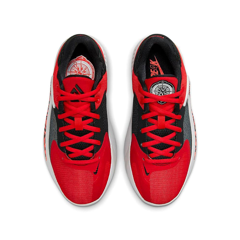 Kids Nike Freak 4 sneakers, lace-up front with red mesh, black details, gray toe