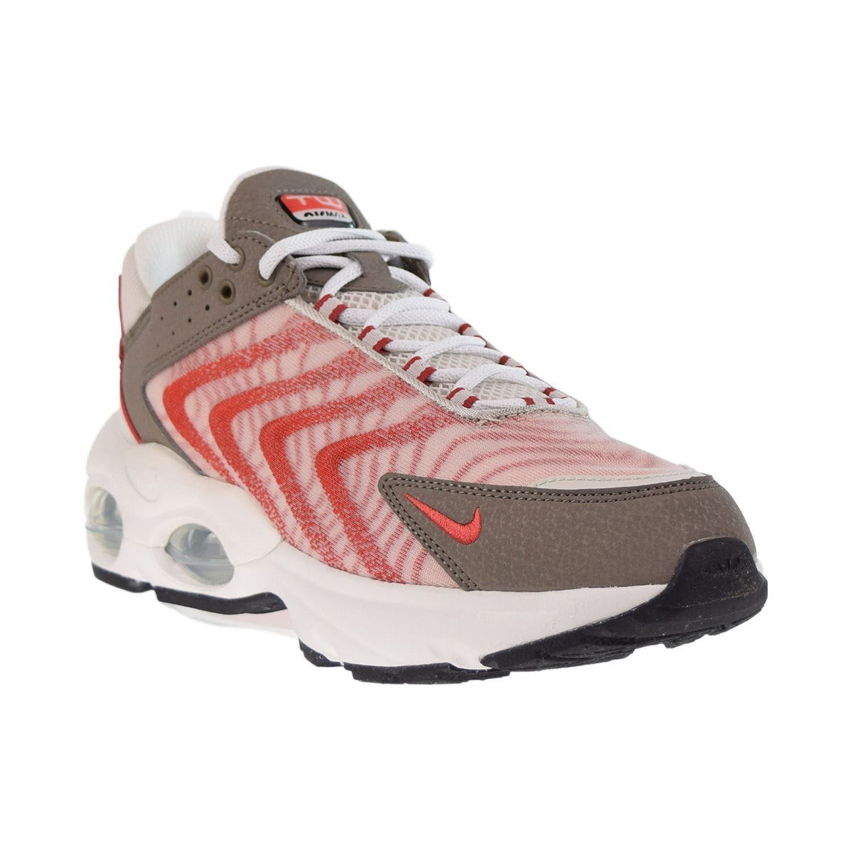 Men's Nike Air Max TW sneaker, side view with red graphic textile and gray panels