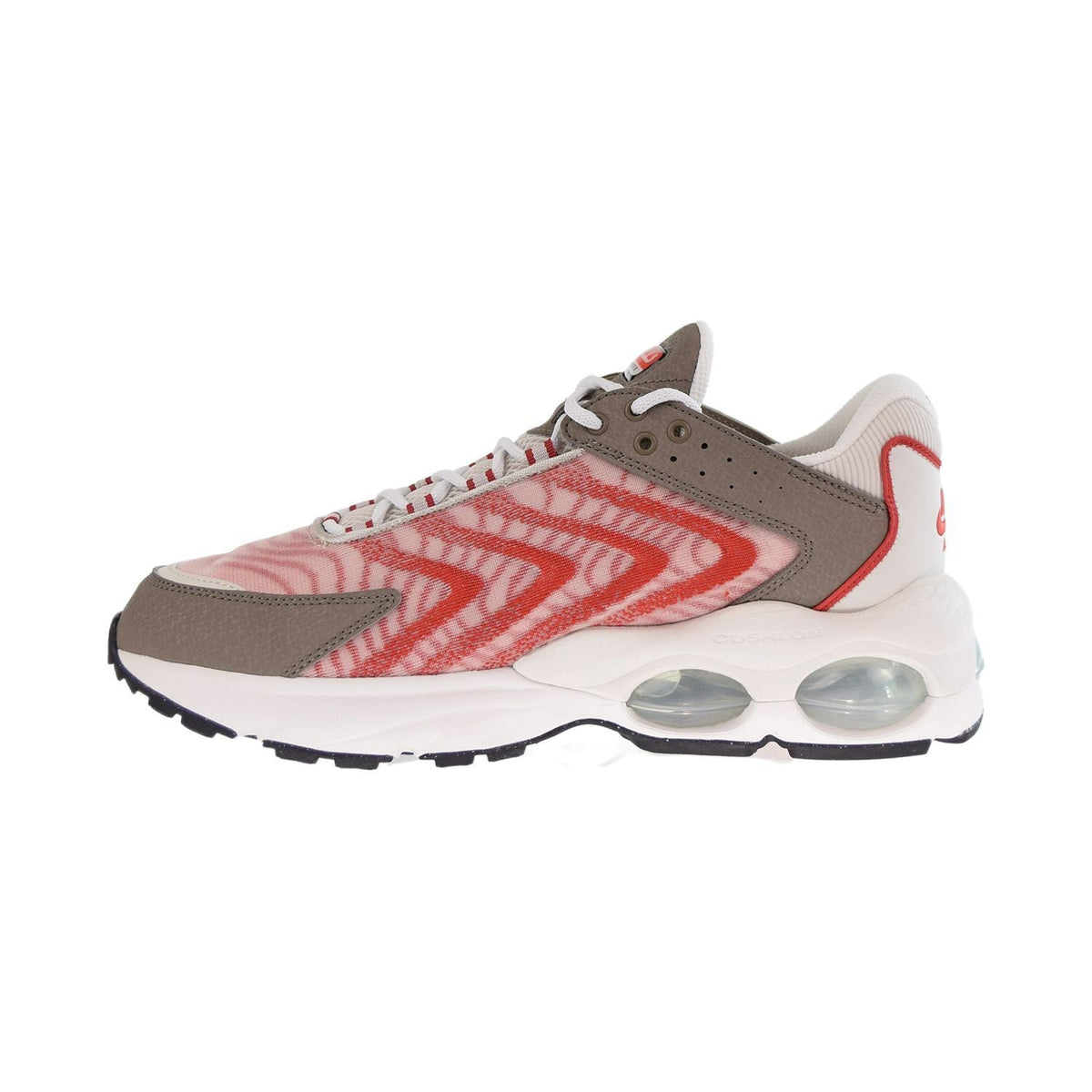 Men's Nike Air Max TW sneaker, angled view with red zigzag knit and gray overlays