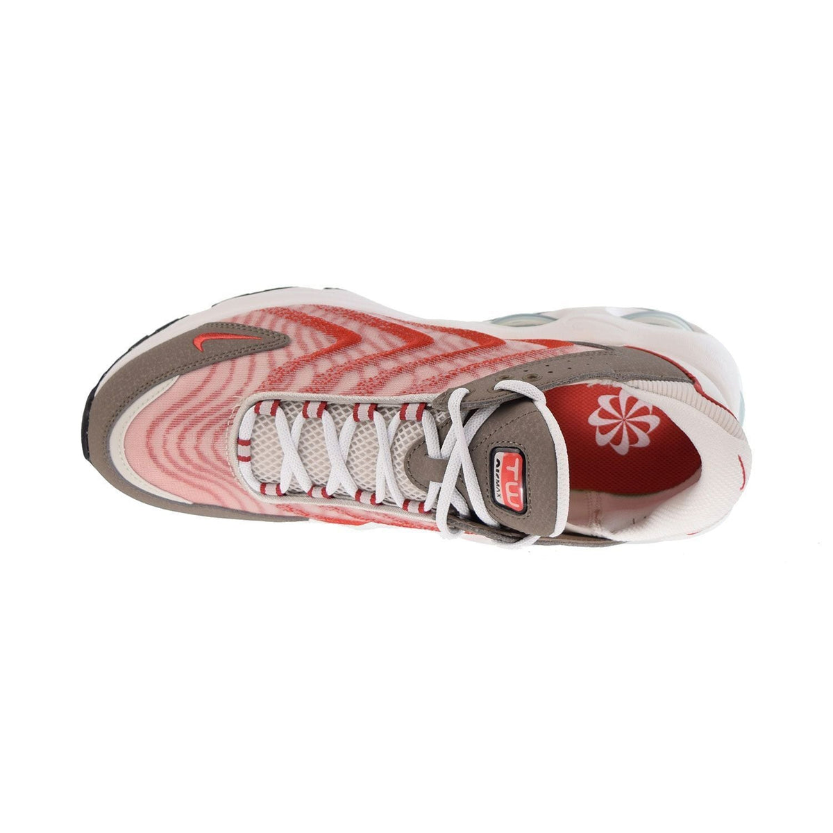 Men's Nike Air Max TW sneaker, toe view with red patterned laces and swoosh