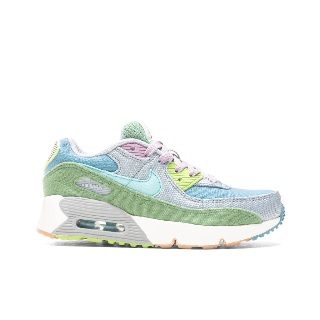 Kids' Nike Air Max 90 SE1 sneakers, light blue/white/green with pink laces
