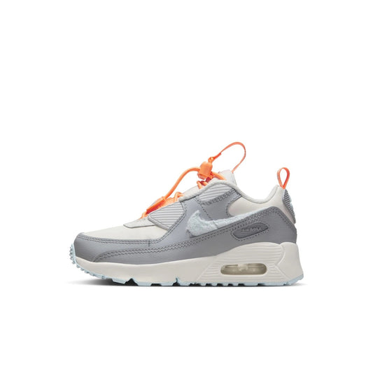 Kids' Nike Air Max 90 sneaker with orange toggle, gray upper, white midsole