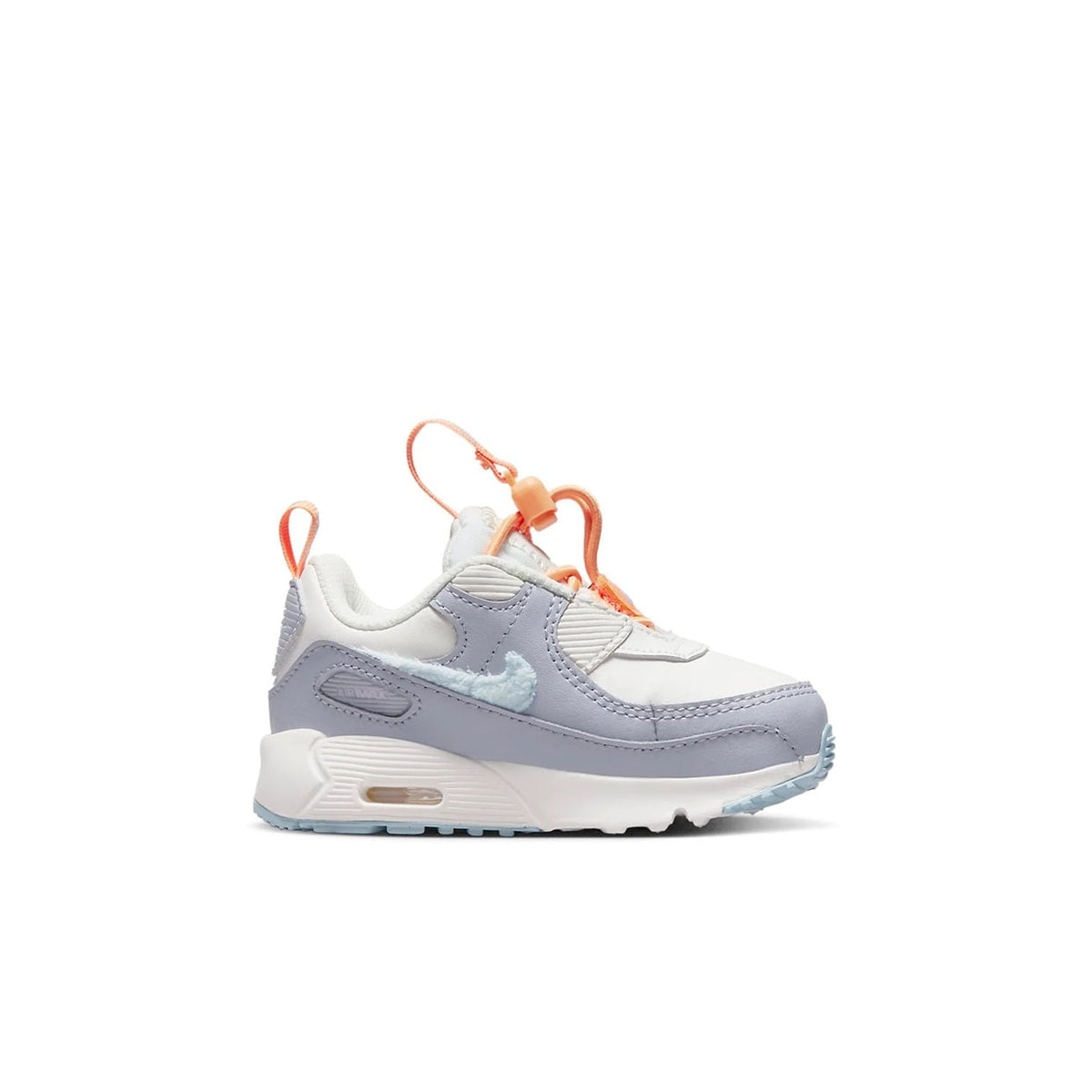 Nike toddler Air Max 90 sneakers, light blue and white with orange lace toggle