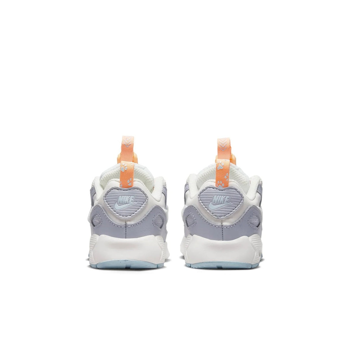 Nike Air Max 90 toddler sneakers, rear view in white and light blue with orange tabs