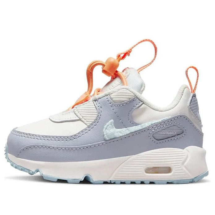 Nike toddler Air Max 90 sneakers in white, light blue, with orange toggle lace