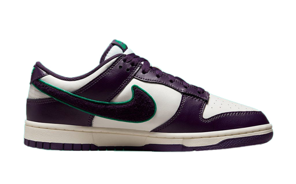 Nike Dunk Low lace-up sneaker, purple and white panels with green swoosh
