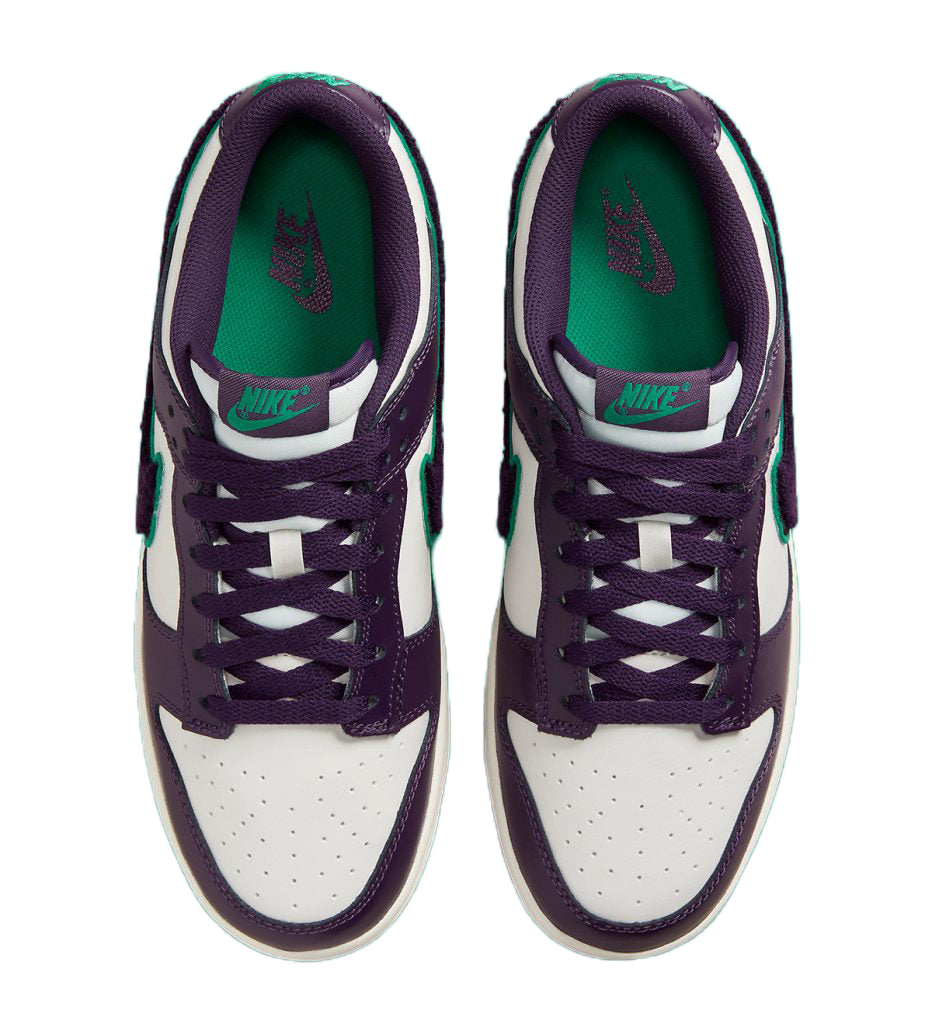 Nike Dunk Low sneakers, purple uppers with green-lined tongue and lace detail