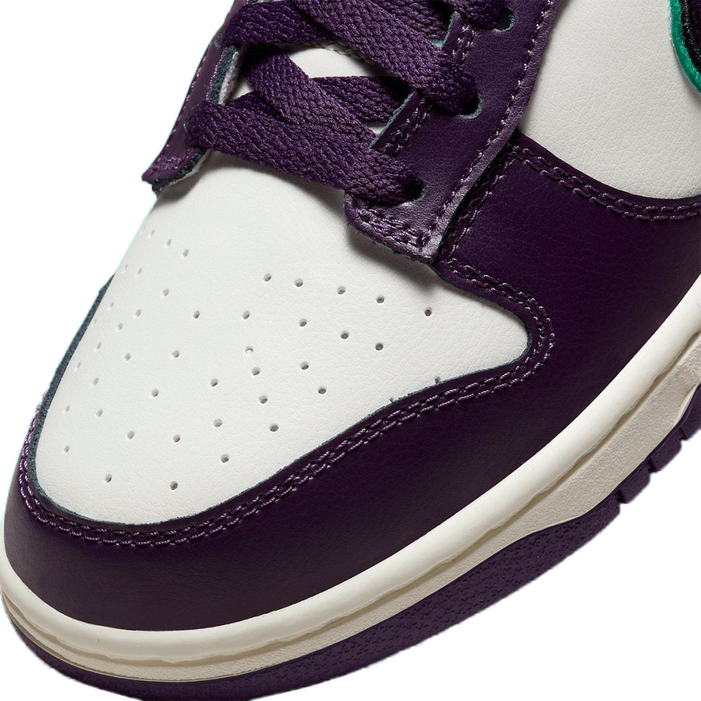 Nike Dunk Low toe and laces, white perforated leather with purple overlays