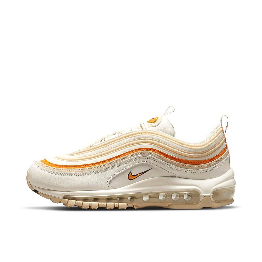 Women's Nike Air Max 97 sneaker, cream leather with orange stripe and gum outsole