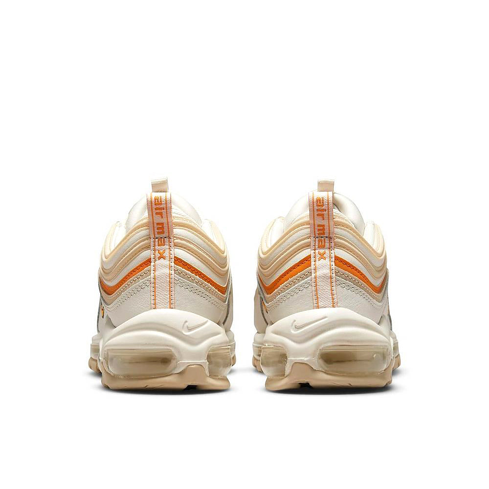 Women's Nike Air Max 97 heel view, cream leather with orange stripe and Swoosh logos