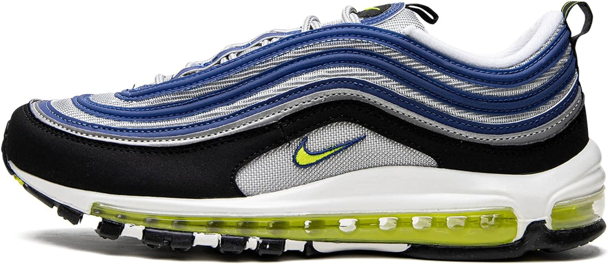Nike Air Max 97 OG sneakers in blue, black and neon yellow, lace-up with Air sole.