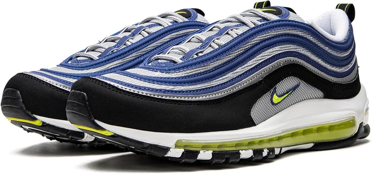 Nike Air Max 97 OG sneakers with blue wave uppers, black side panel, neon yellow Air sole.