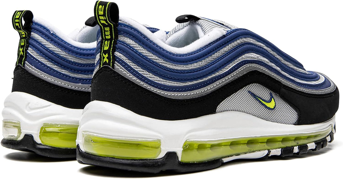 Nike Air Max 97 OG sneakers, blue and black upper with neon green Swoosh and Air units.