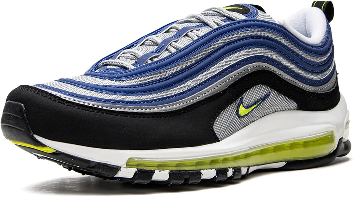 Nike Air Max 97 OG lace-up sneakers with blue textured upper, black panels, neon yellow sole.