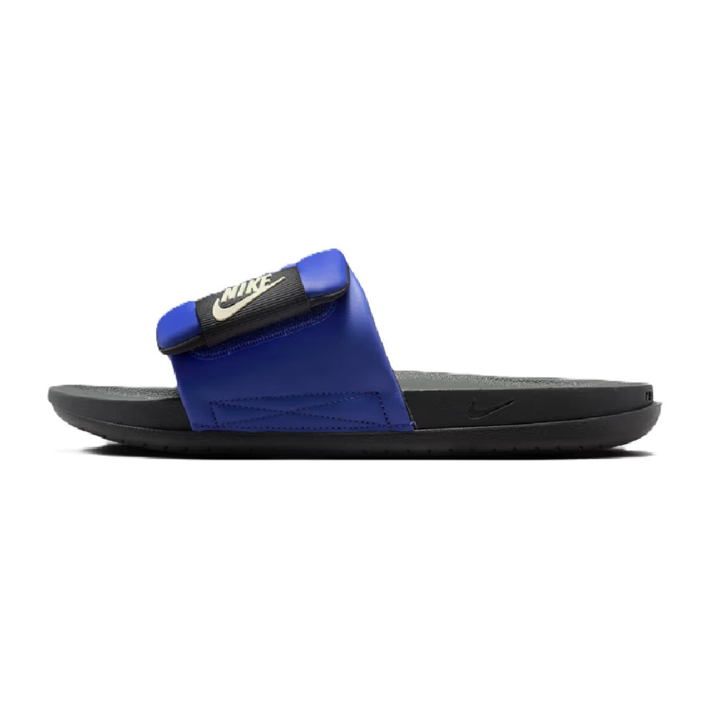 Men’s slide sandals with blue adjustable strap and black footbed, Nike logo