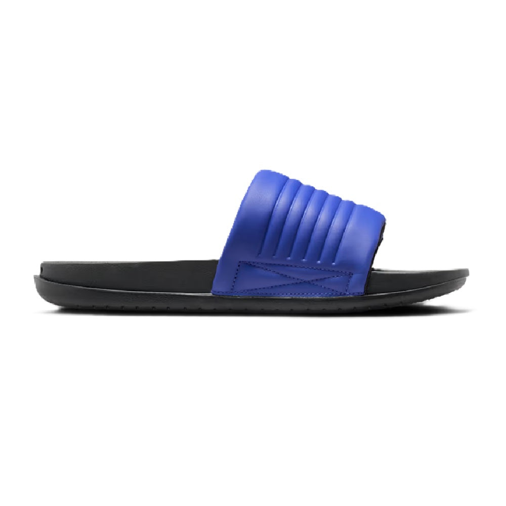 Men’s slide sandals with ribbed blue strap over black sole and footbed