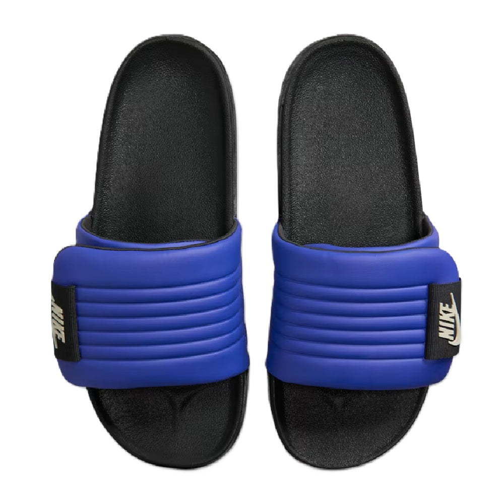 Men’s slide sandals with blue straps, black footbeds, and Nike side labels