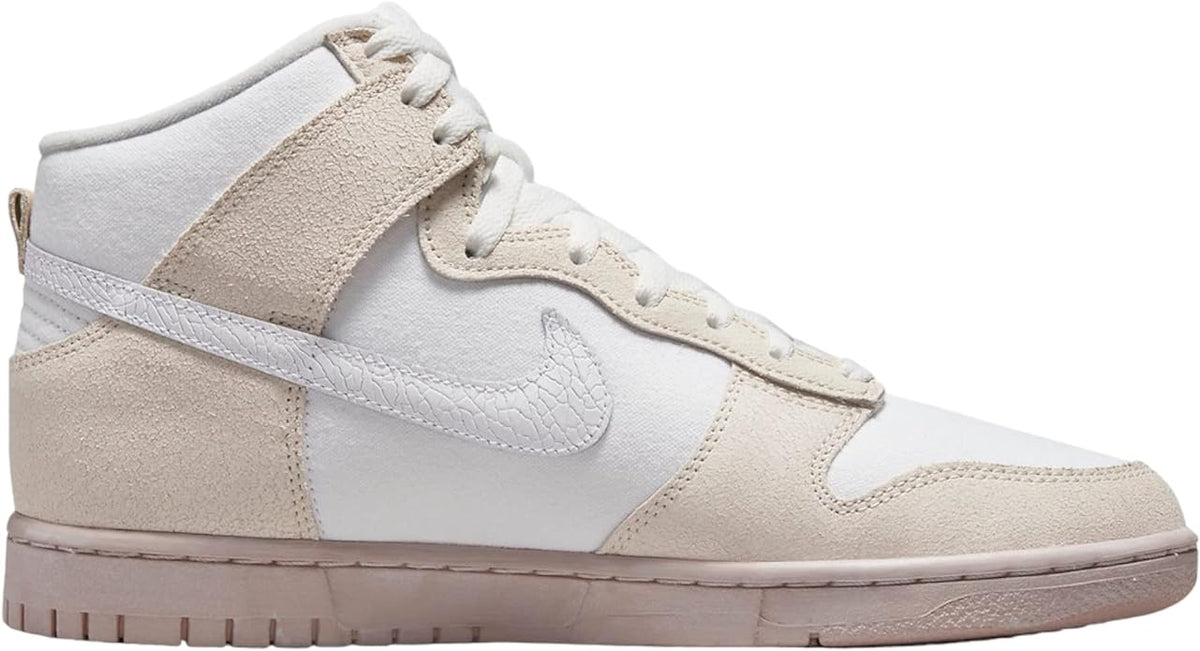 High-top sneakers in white, light gray, and beige; lace-up with Nike swoosh