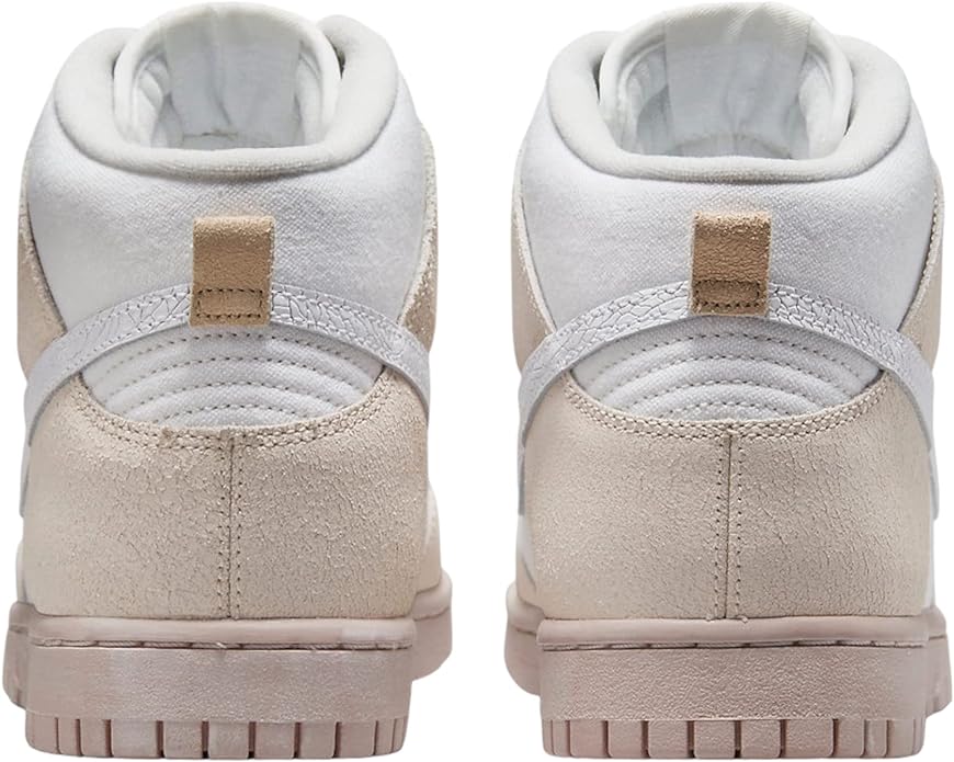Back view of white and beige high-top sneakers with padded ankle and heel tab