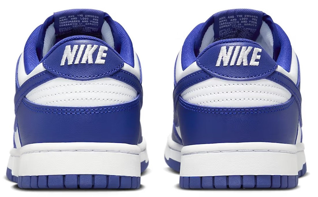 Nike Dunk Low retro sneakers, blue heel with NIKE logo and white leather panels