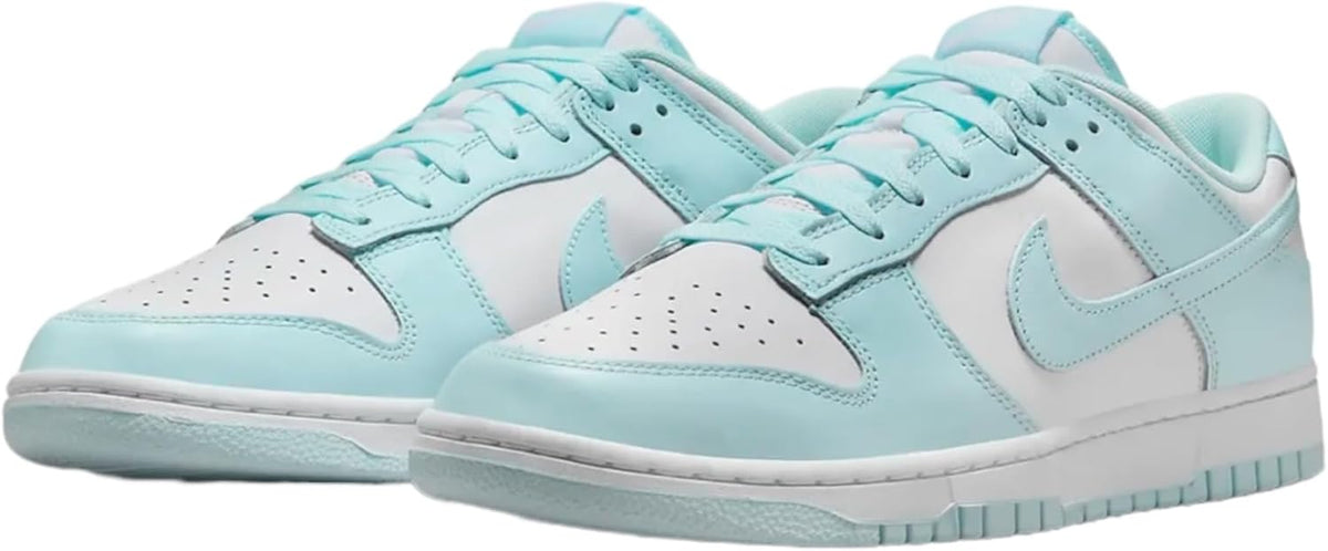 Pair of Men's Nike Dunk Low retro sneakers in mint blue and white, angled view
