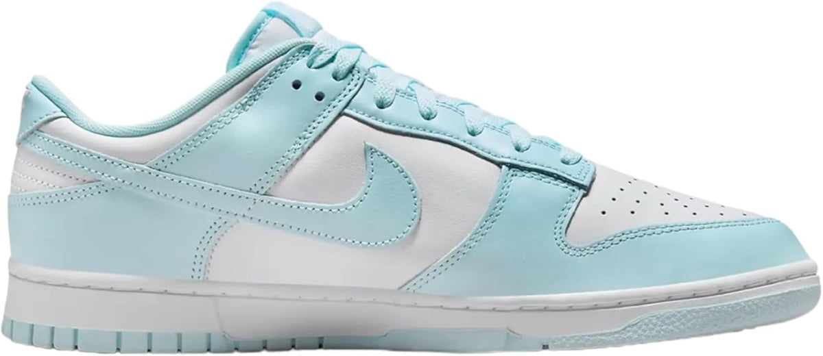 Men's Nike Dunk Low retro sneakers, lace-up front view in white and light blue