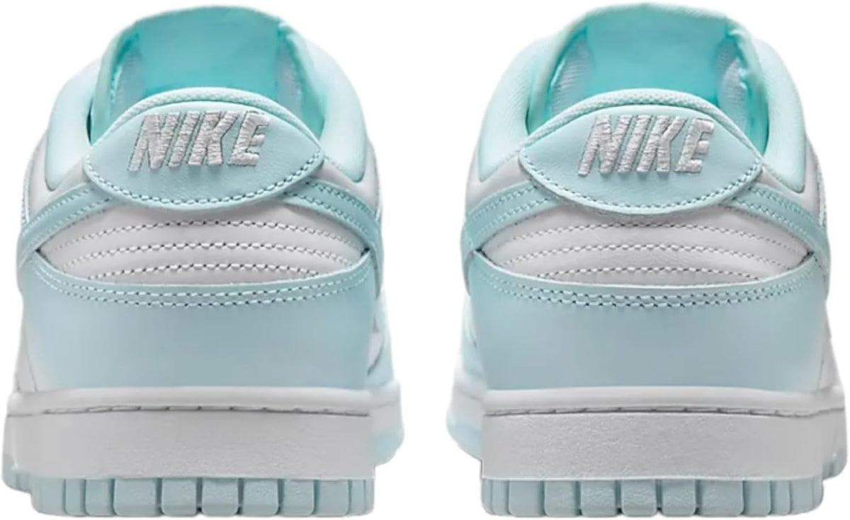 Nike Dunk Low retro sneakers, heel view with NIKE logo, white and light blue