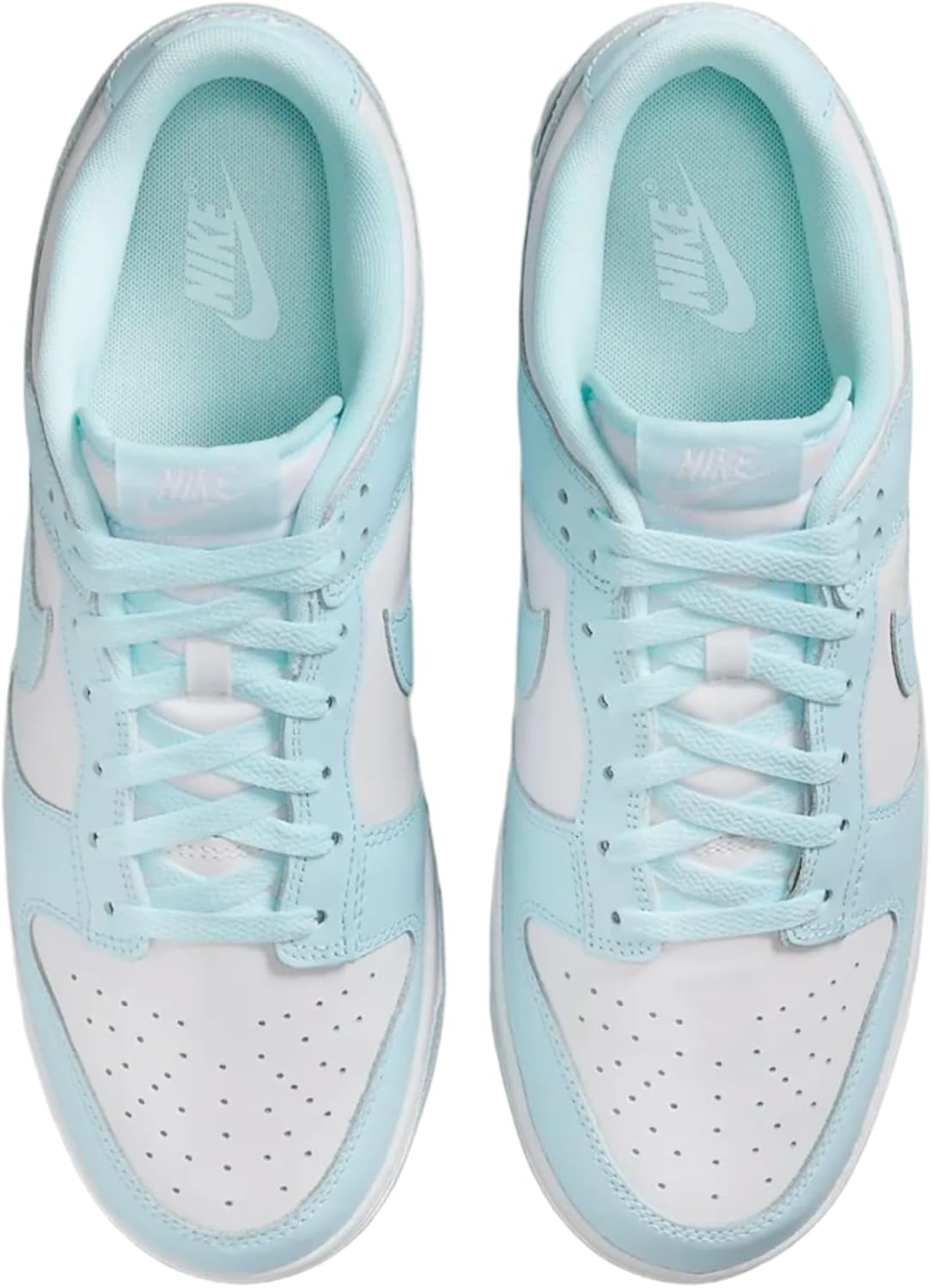 Nike Dunk Low retro sneakers, toe view, white and light blue with lace-up