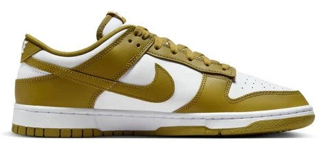 Men's Nike Dunk Low retro sneakers, side view in white with mossy green overlays, lace-up