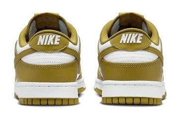 Men's Nike Dunk Low retro sneakers, heel view with NIKE branding and mossy green/white uppers