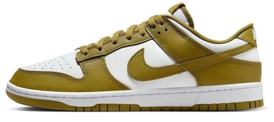 Men's Nike Dunk Low retro sneakers, white with mossy green panels and swoosh, lace-up
