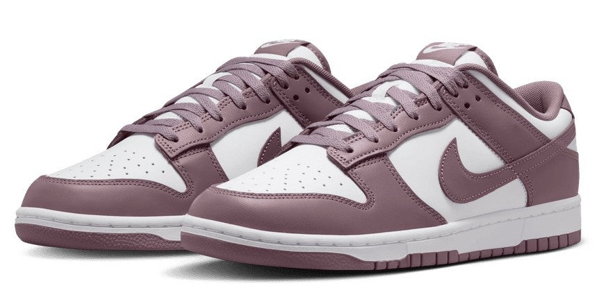 Men's Nike Dunk Low retro sneakers, front angle with white toe and taupe accents