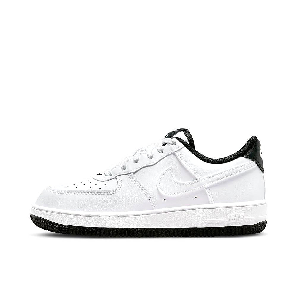 Nike Force 1 kids low-top sneakers, white leather upper with black heel tab and sole