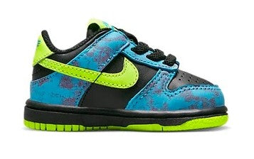 Toddler low-top sneakers, blue and black panels with neon green swoosh and laces
