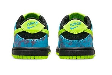 Toddler low-top sneakers with Nike logo on neon green heel, blue upper, black sole
