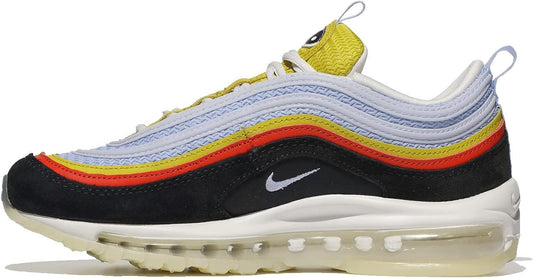 Big kid's Nike Air Max 97 sneakers, black upper with yellow, light blue, and red accents