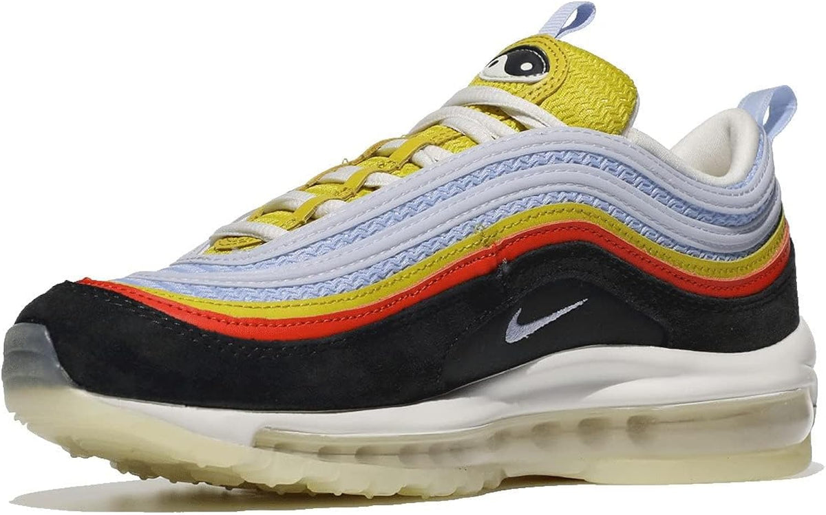 Big kid's Nike Air Max 97 sneakers, side view in black with light blue waves and yellow laces