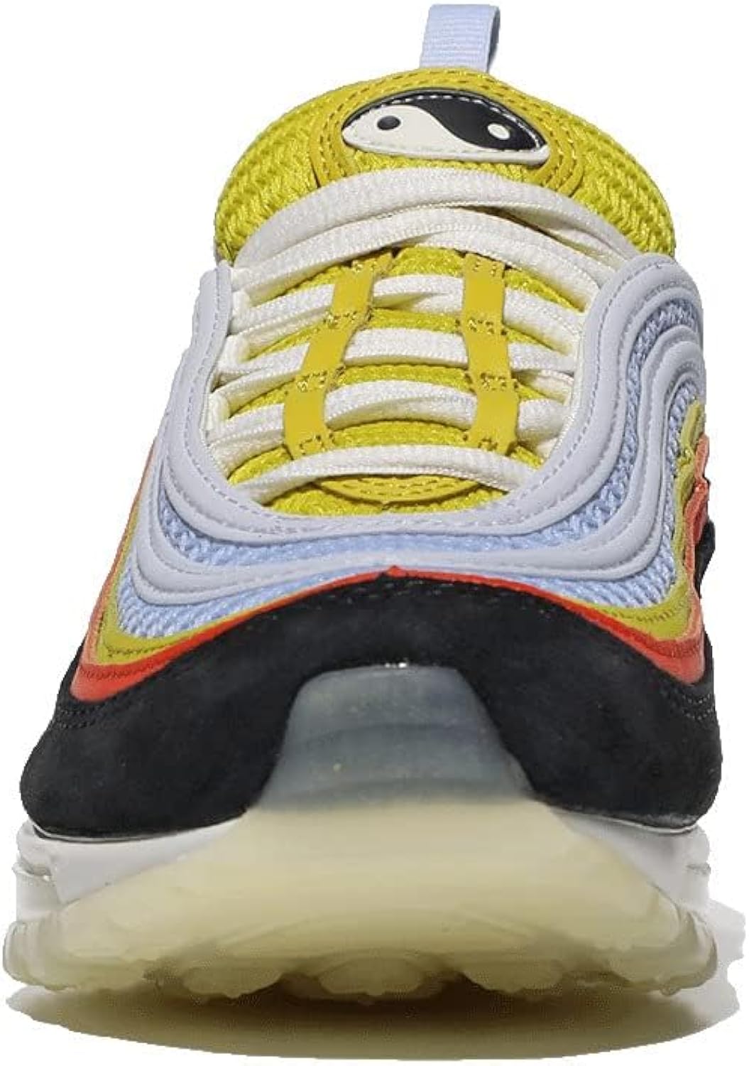 Big kid's Nike Air Max 97 sneakers, front view with yellow tongue, light blue overlays, red trim
