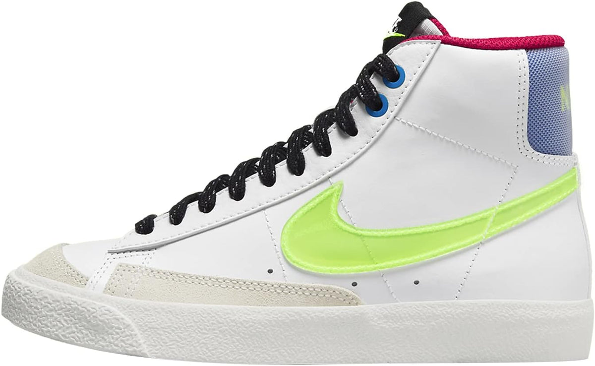 Kids Nike Blazer mid-top sneakers, white leather with neon green swoosh, black laces
