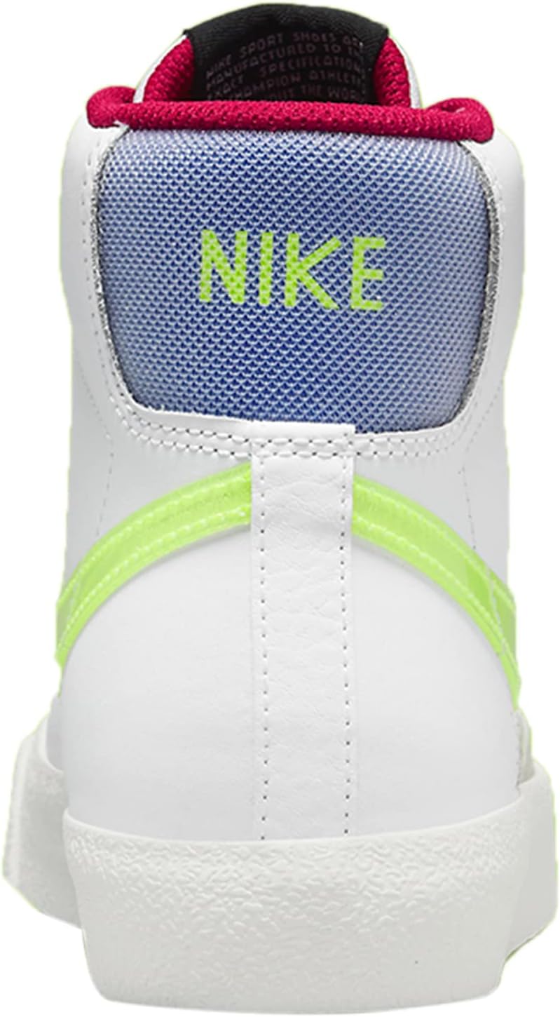 Kids Nike Blazer heel, white leather with blue mesh panel, neon green swoosh, red collar