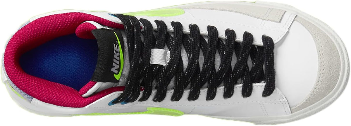 Kids Nike Blazer mid-top sneakers, white upper with neon green swoosh, black laces, red lining