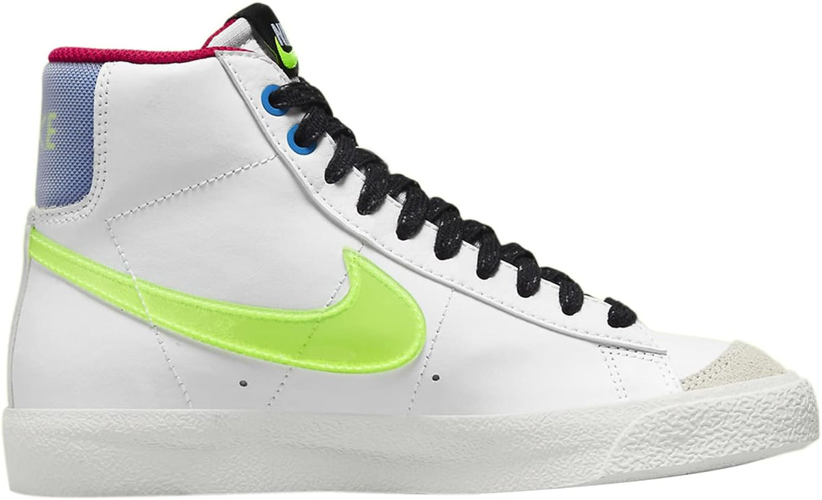 Kids Nike Blazer mid-top sneakers, white upper with neon green swoosh, blue side patch
