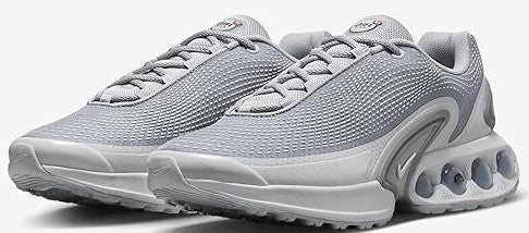 Pair of men's Nike Air Max DN sneakers, grey mesh knit upper and chunky heel
