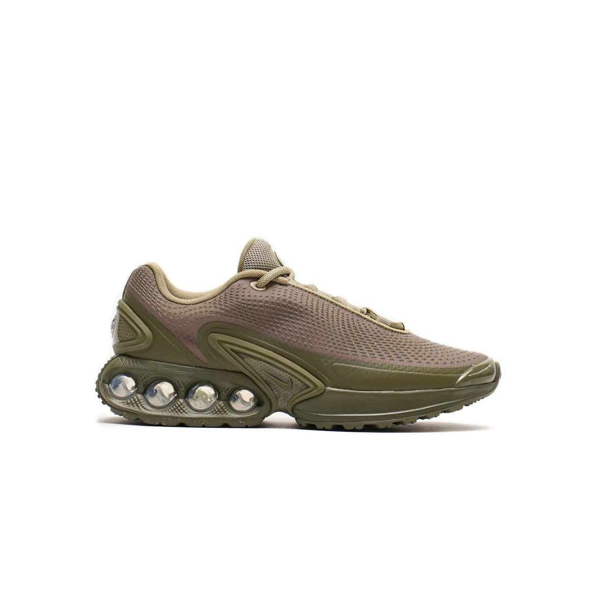 Nike Air Max DN running shoes in olive mesh with cushioned air bubble outsole